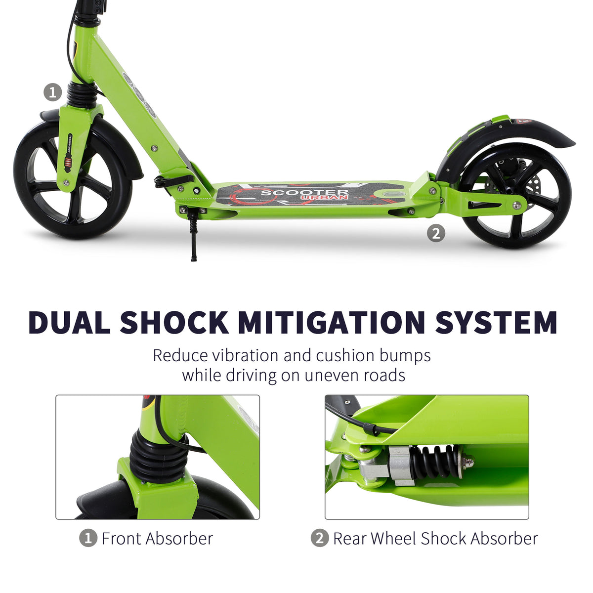 Green HOMCOM scooter with close-ups of front and rear shock absorbers