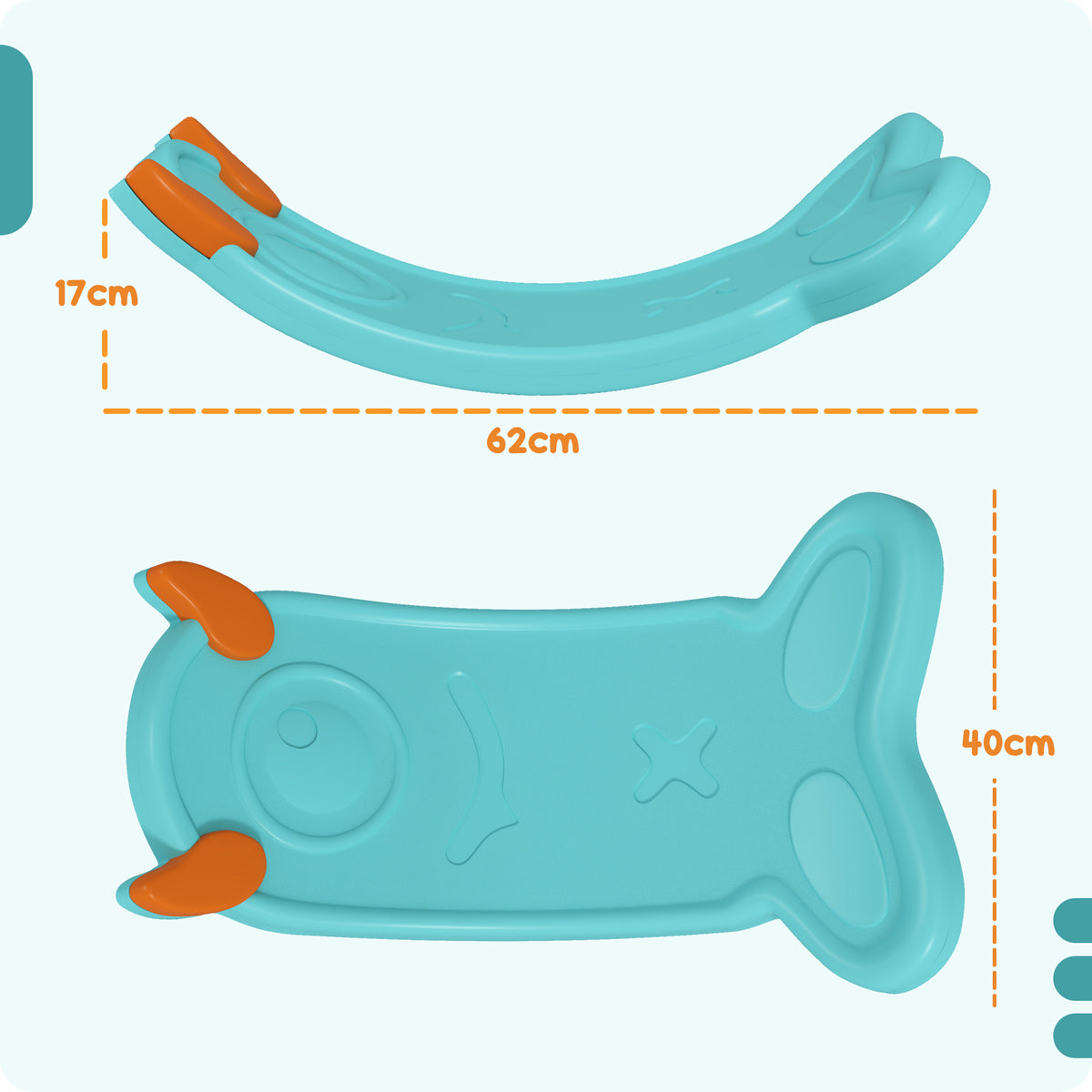 AIYAPLAY balance board shown from side and top, measuring 62 cm long and 40 cm wide