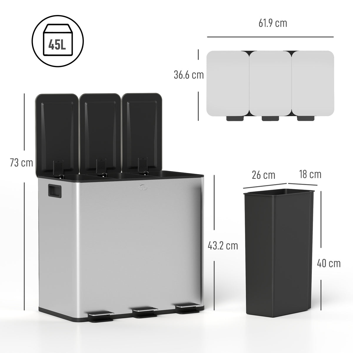HOMCOM triple pedal bin with dimensions and a removable inner bucket