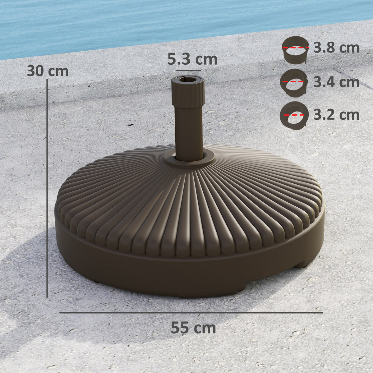 Outsunny brown umbrella base with dimensions and pole holder size details