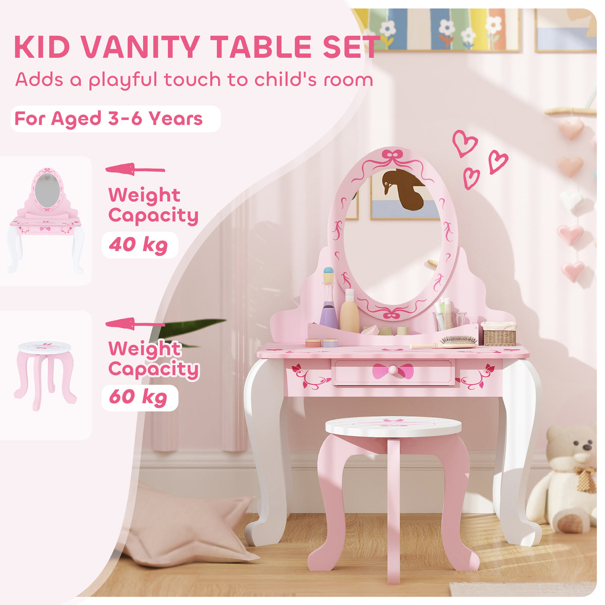 AIYAPLAY Kids Dressing Table Set, Vanity Table with Stool, Mirror, Drawer, Desktop, Storage, Ballet-Theme, Pink
