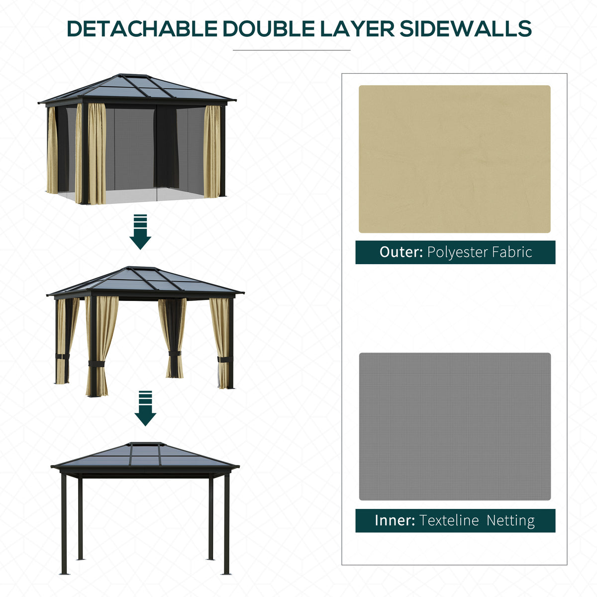 Outsunny gazebo showing removable double-layer beige fabric and gray mesh sidewalls