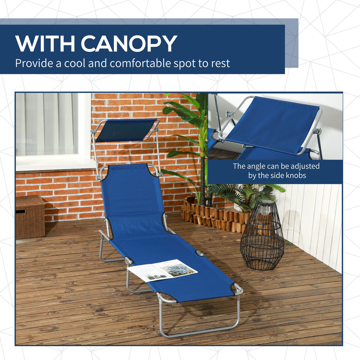 Blue sun lounger with an adjustable canopy and reclining backrest