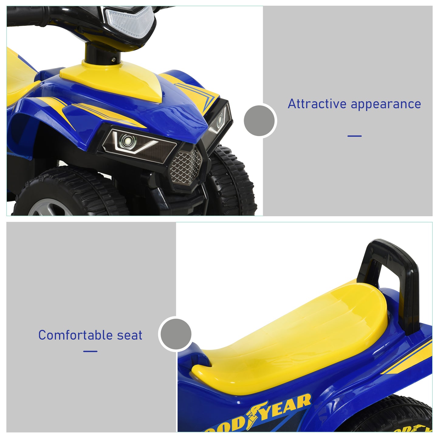 Close-ups of the quad's front headlight and yellow seat
