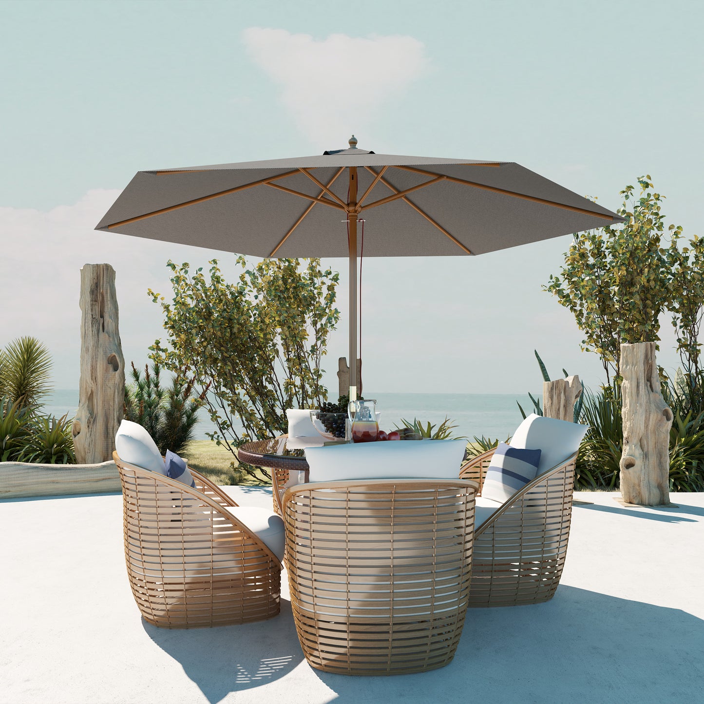 Outsunny 2.5m Wood Garden Parasol Sun Shade Patio Outdoor Wooden Umbrella Canopy, Table Market Umbrella with Vent, 38mm Pole, Rope Pulley Mechanism, Light Grey
