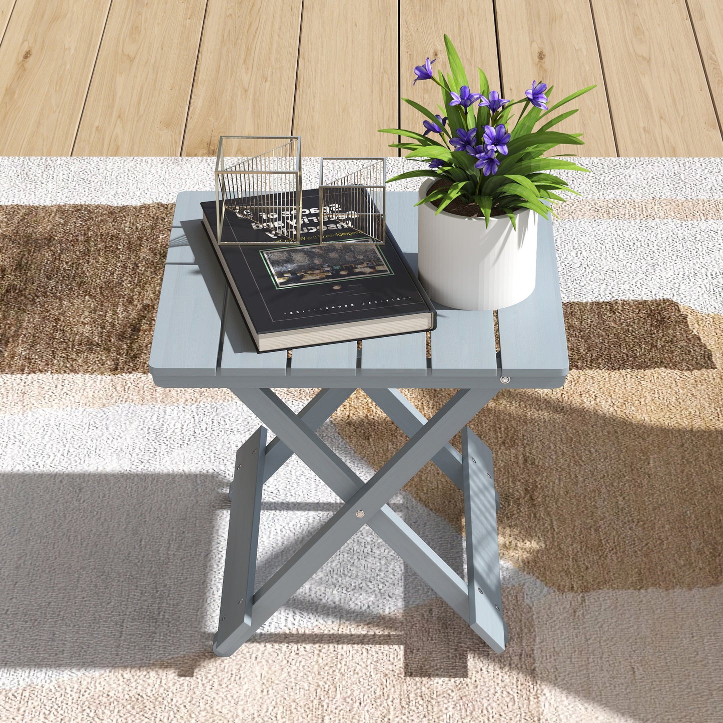 Outsunny Fir Wood Folding Coffee Table, Lightweight Small Garden Table with Slatted Top, Portable Folding Side Table for Balcony