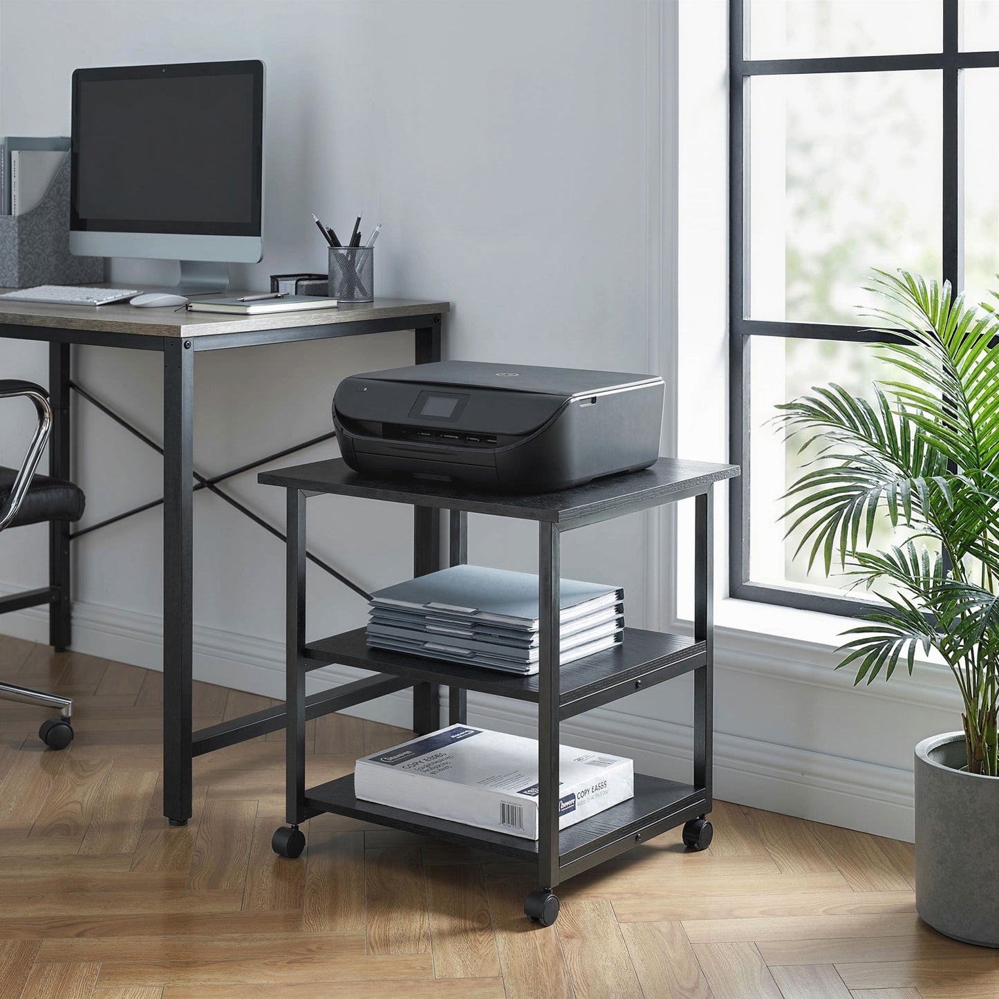 HOMCOM Three-Tier Steel Printer Stand, with Wheels - Black