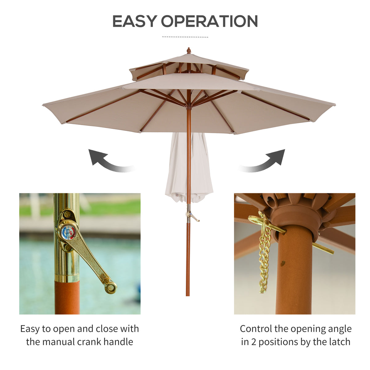 Beige two-tier parasol with manual crank and latch for adjusting the canopy
