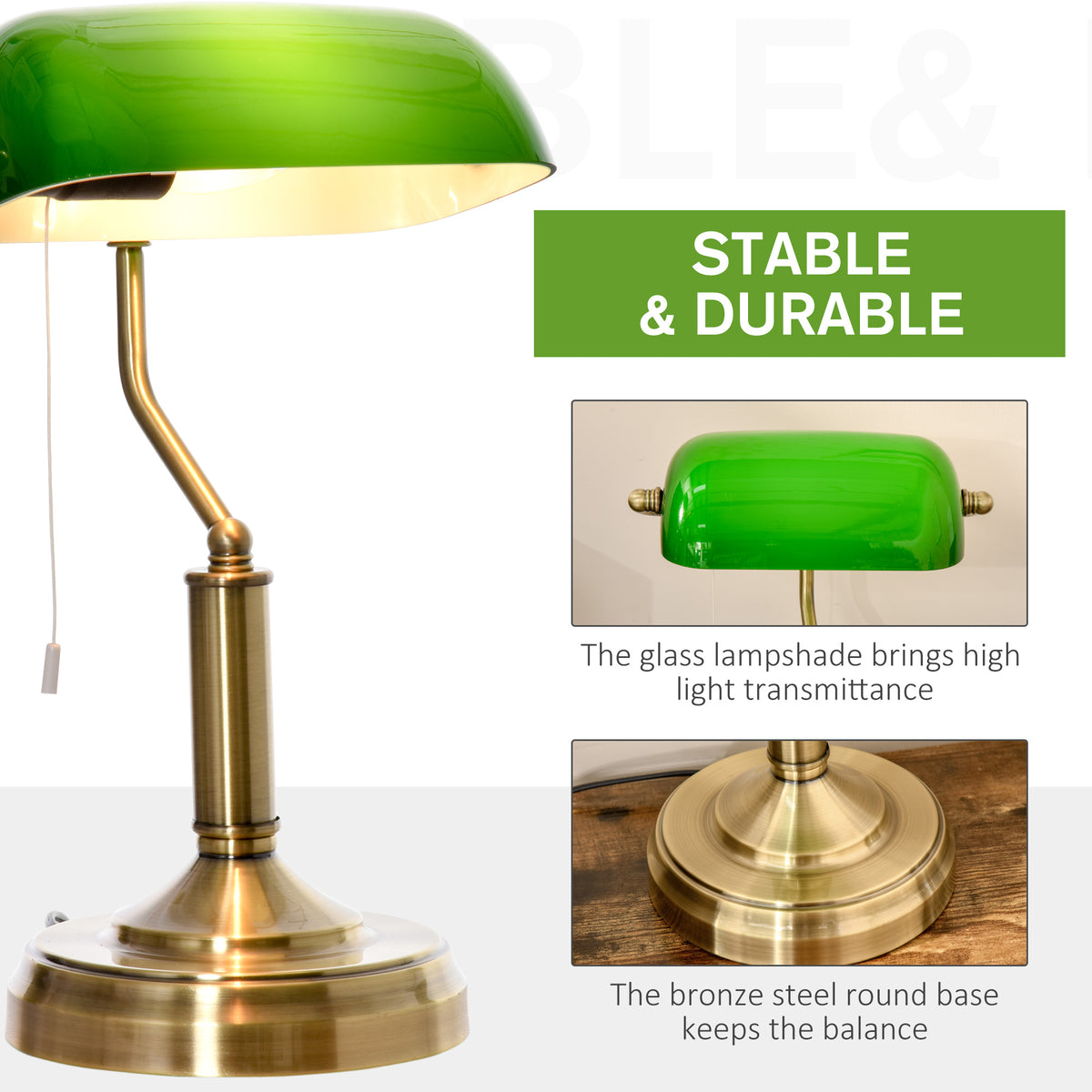 Banker's desk lamp with green glass shade and round bronze-tone base