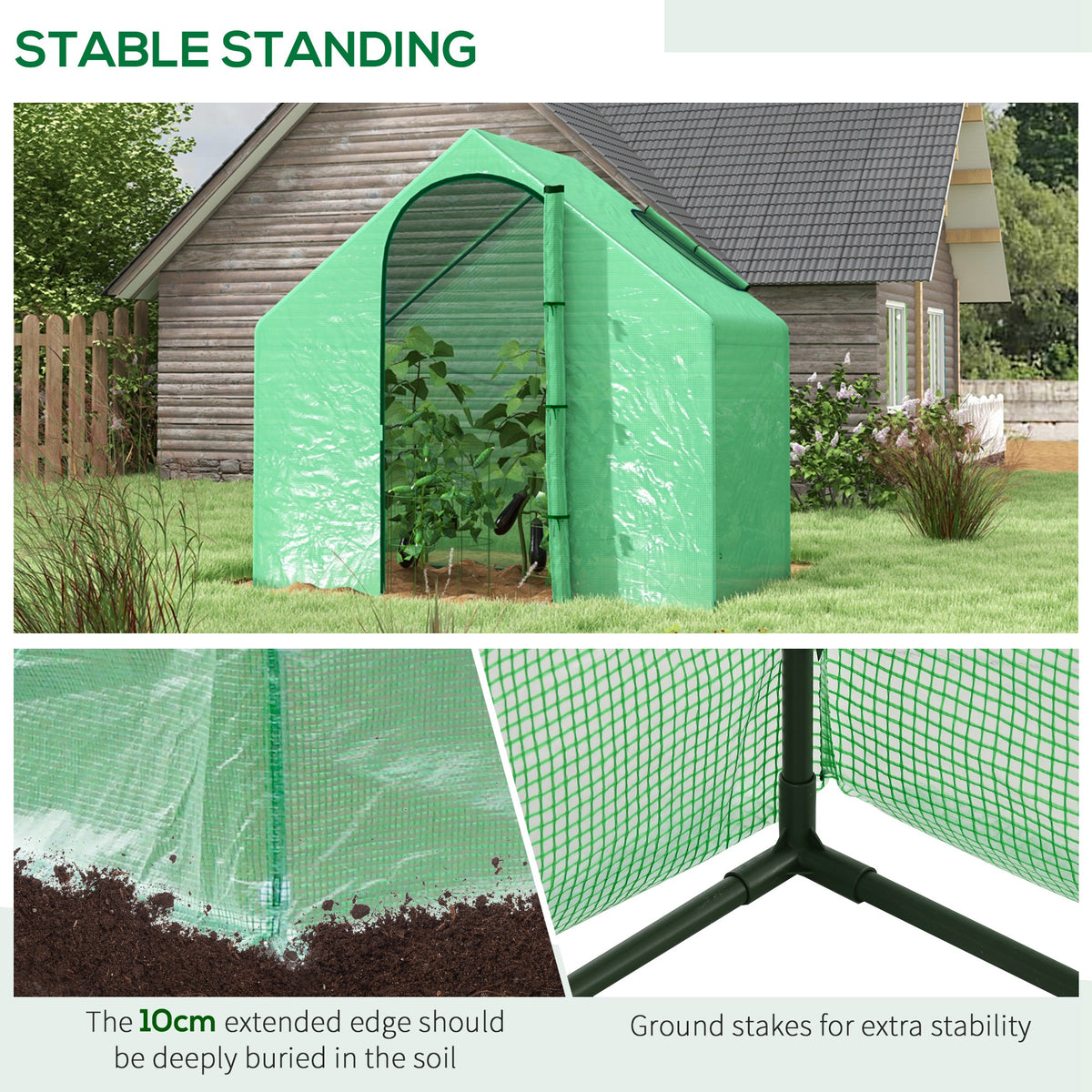 Green walk-in greenhouse with extended cover edges and ground stakes for stability