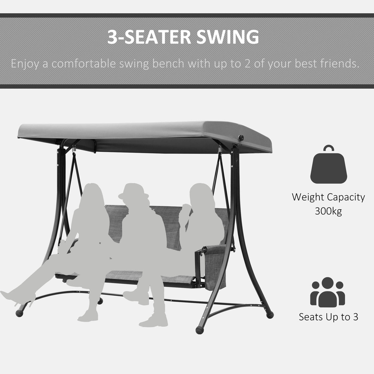 Outsunny three-seat swing shown with three people and 300 kg weight capacity