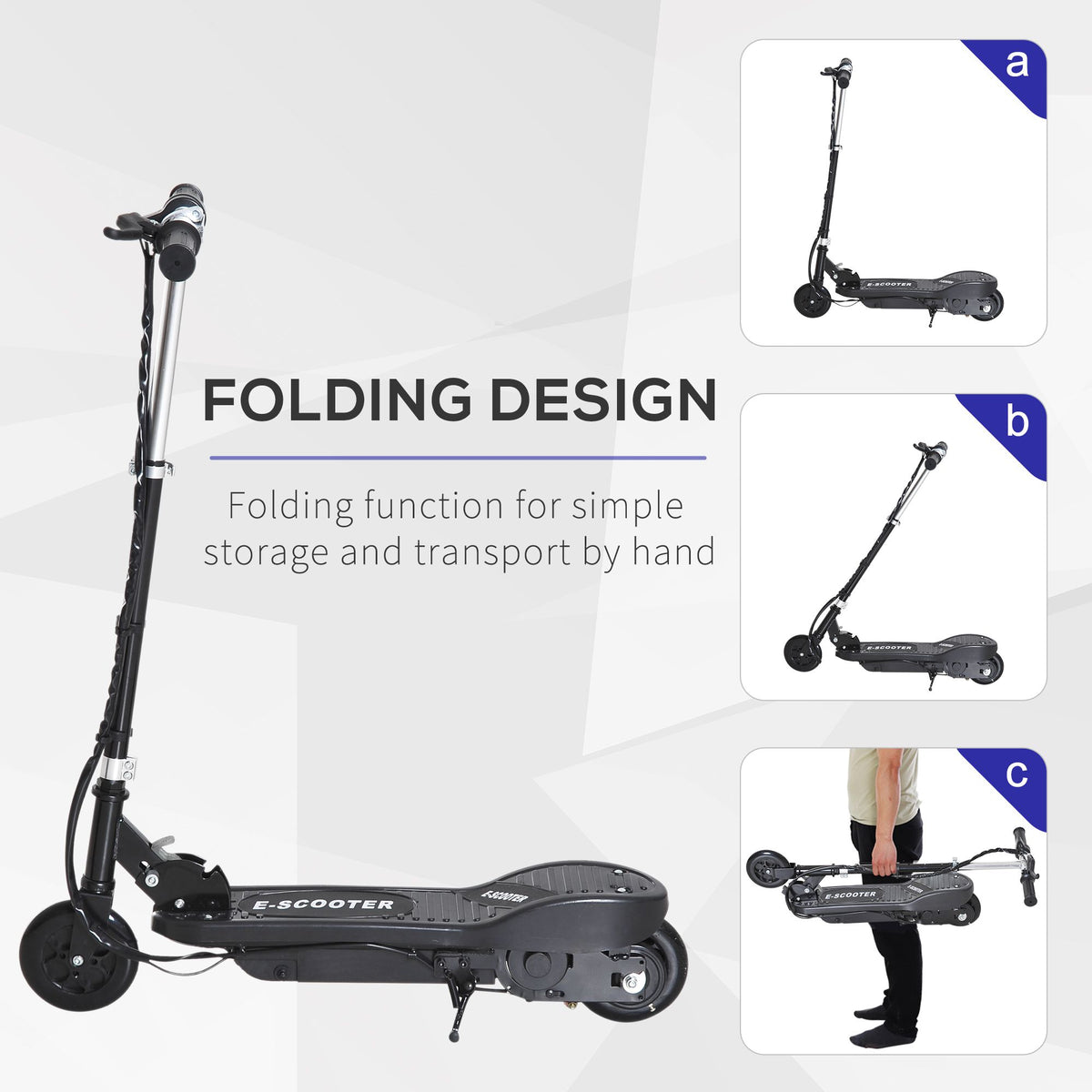 HOMCOM electric scooter with folding stem; inset shows carrying it by hand