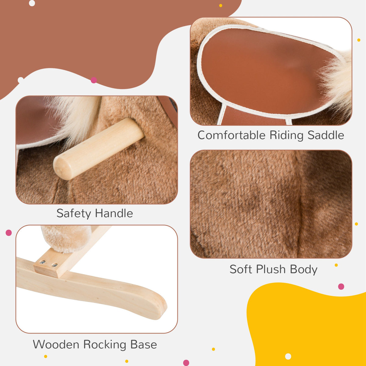 Rocking horse detail collage showing plush body, saddle, wooden base and handle grip