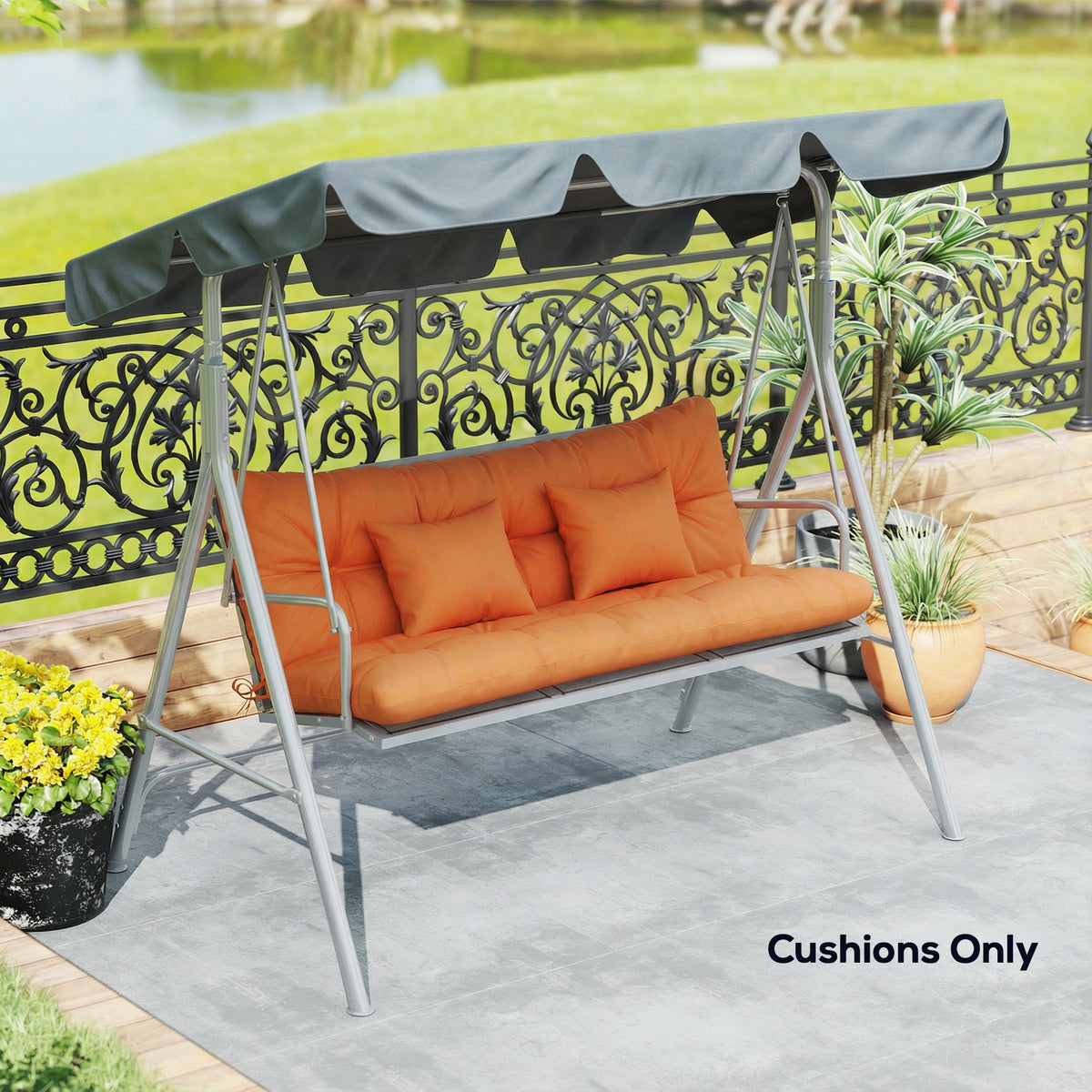 Outsunny Outdoor Seat Cushions Back Cushion with 2 Pillows, Water Repellent Seat Pads for 3-Seater Chair, Orange
