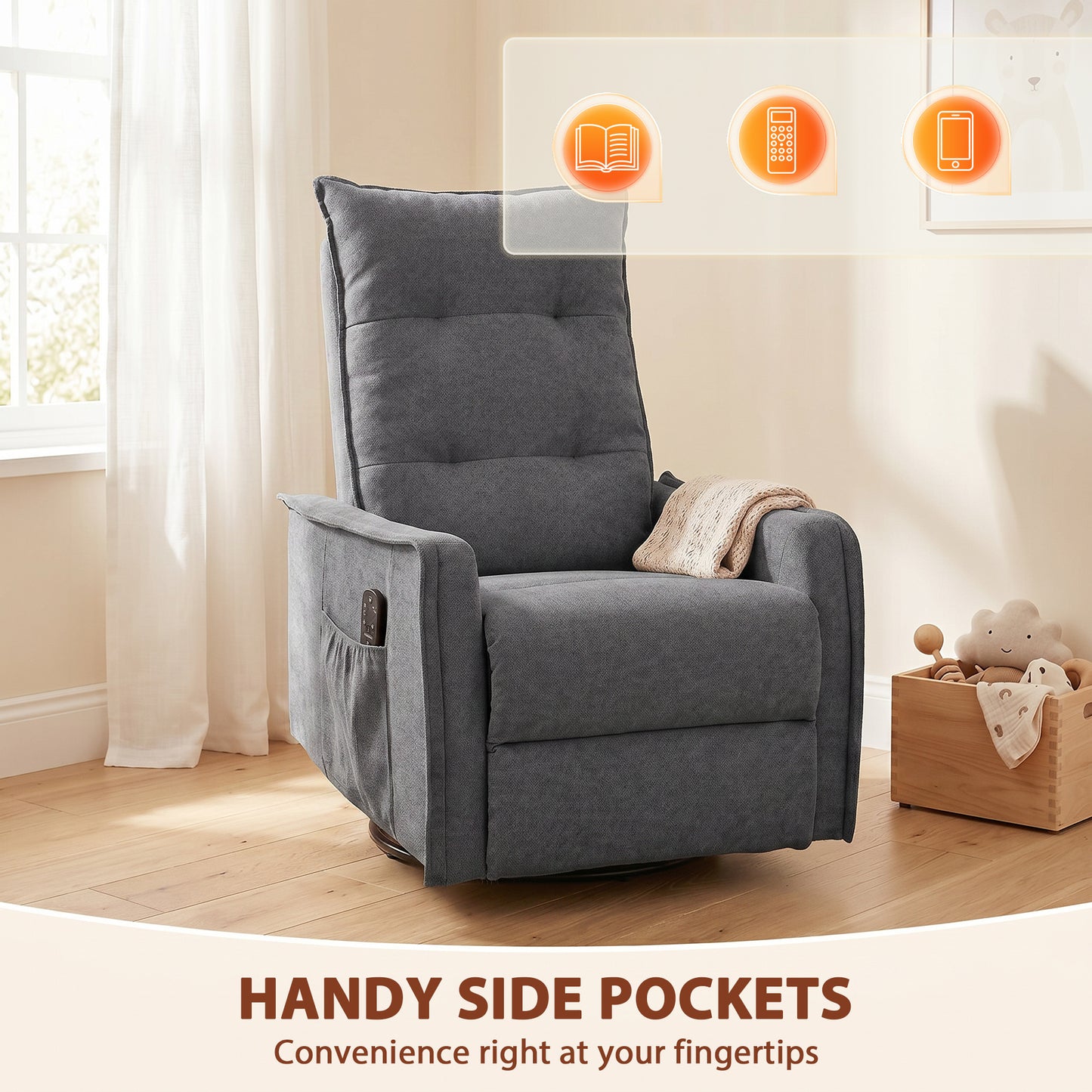 HOMCOM Recliner Armchair, Chenille Recliner Chair with Massage and Heat, 360° Swivel Rocking Manual Recliner, Dark Grey