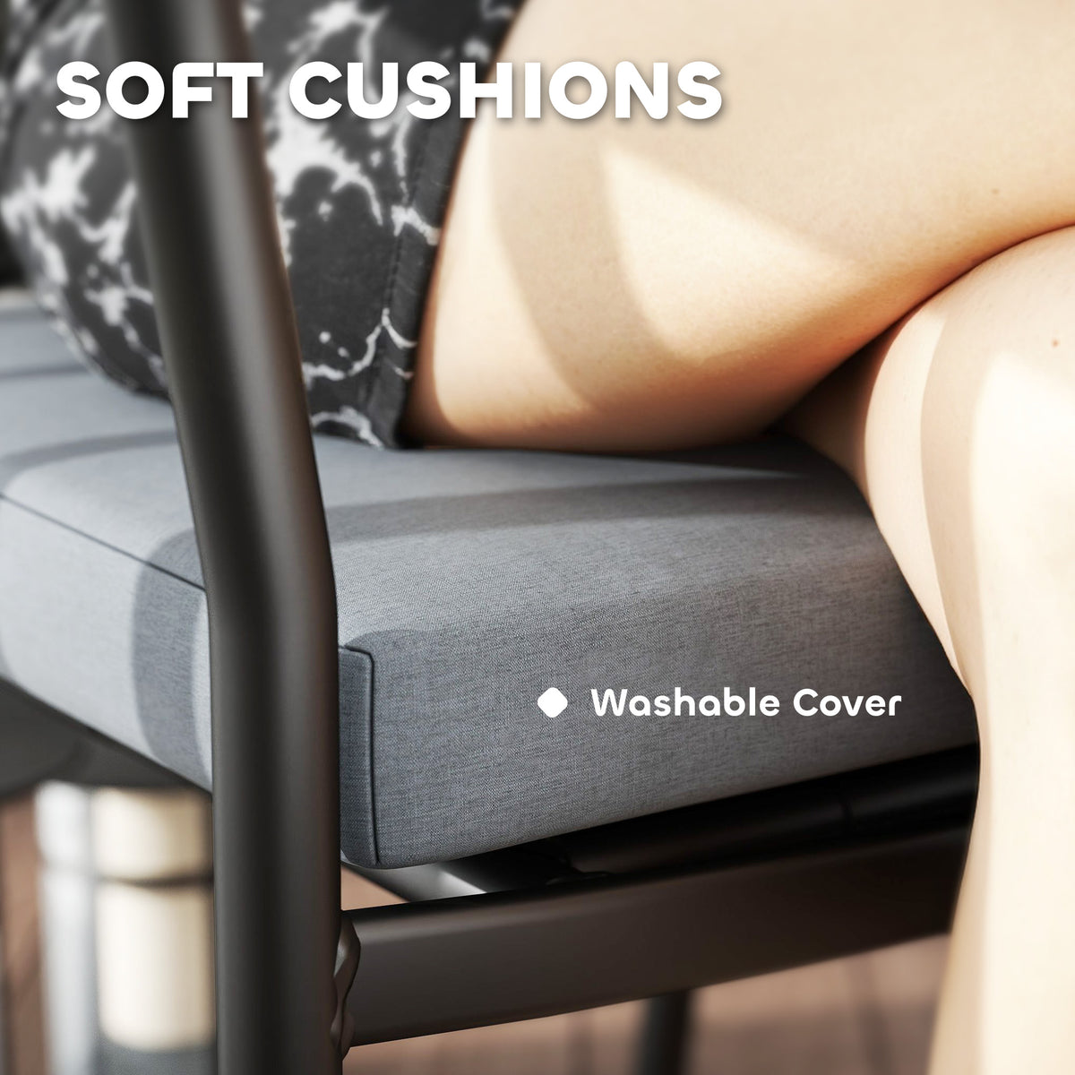 Gray seat cushion on a bistro chair, with a washable cover
