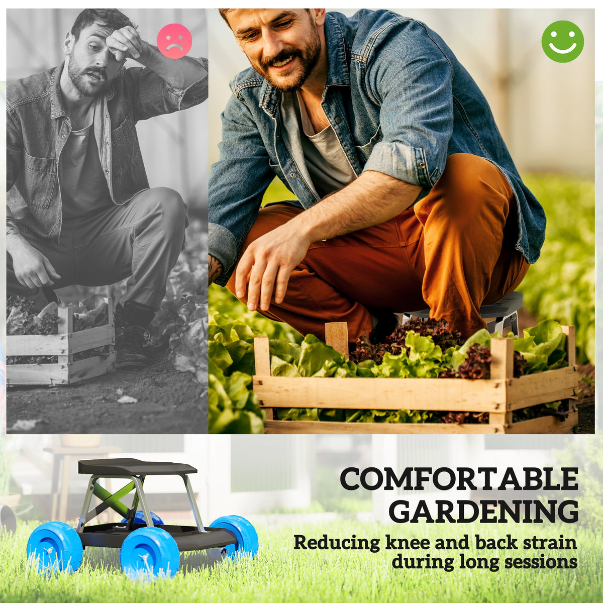 Garden storage cart with a top seat, shown beside a gardener kneeling at a raised bed