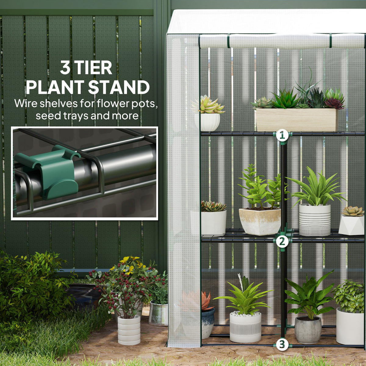 Outsunny greenhouse with three wire shelves holding potted plants