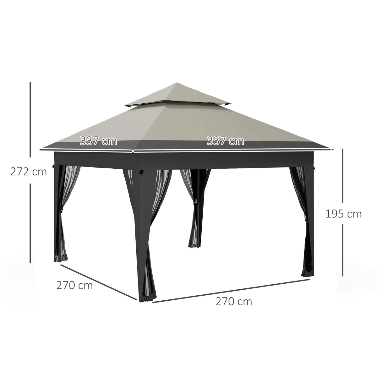 Grey pop-up gazebo with mesh panels and dimensions marked