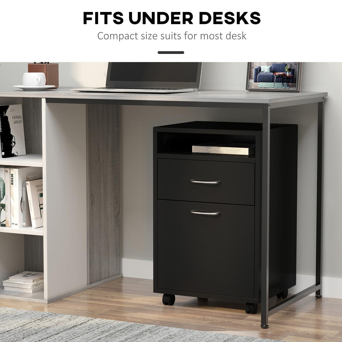 Black two-drawer filing cabinet on casters, sized to fit beneath a desk.
