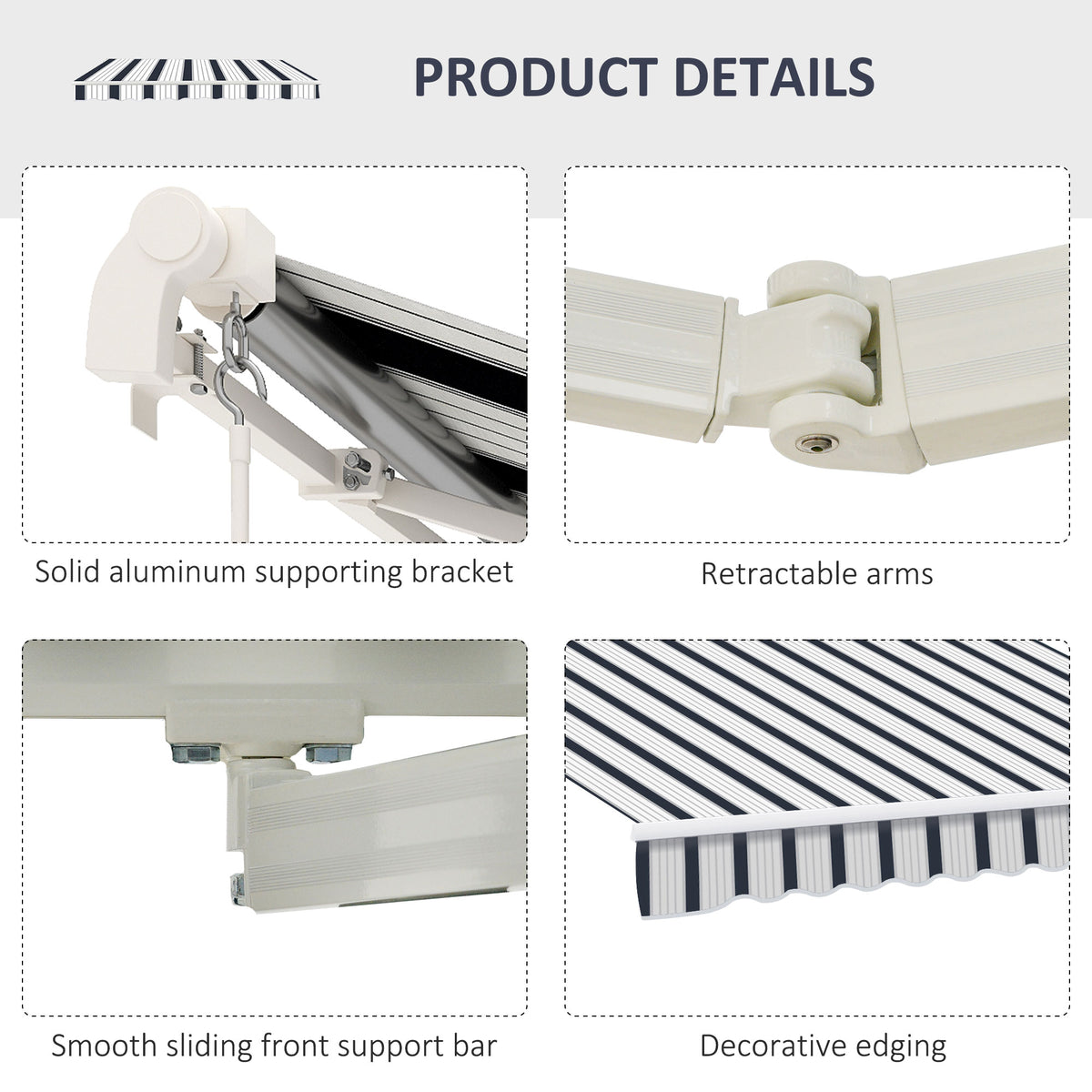 Retractable awning details showing aluminum bracket, arms, support bar, and striped edging