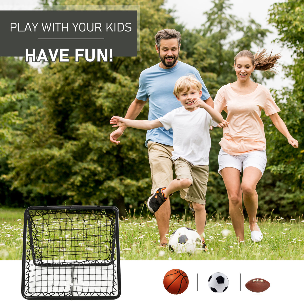 HOMCOM rebounder net shown with a family and a soccer ball