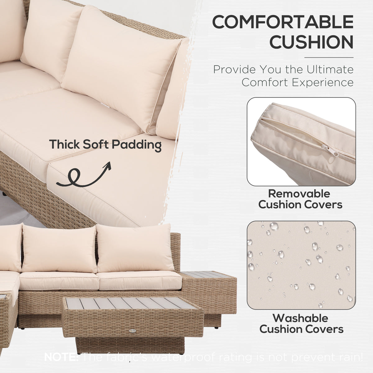 Beige sofa cushions with thick padding and removable, washable covers