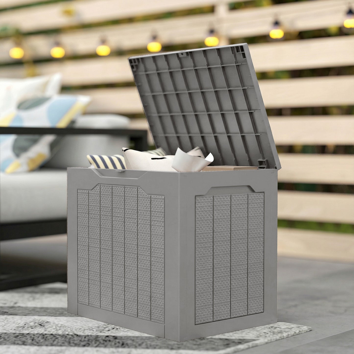 Outsunny 73L Plastic Garden Storage Box, Outdoor Storage Box with Handles, Waterproof Outdoor Storage Container, Khaki