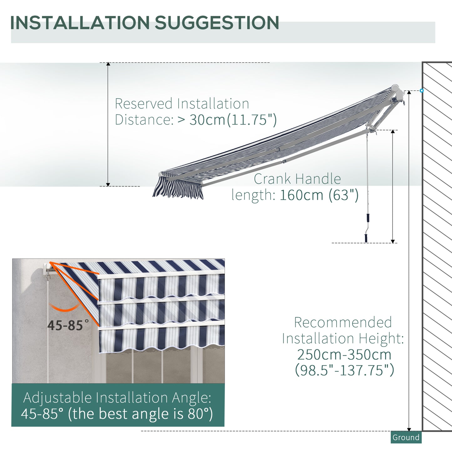 Retractable awning installation diagram showing adjustable mounting angle and crank