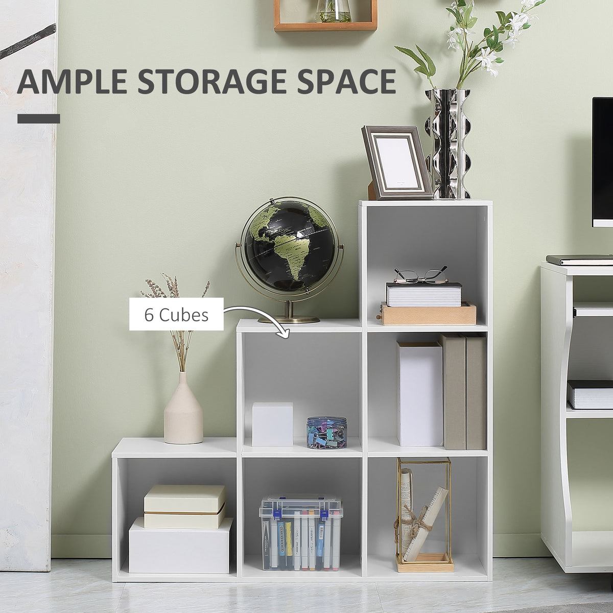 White stepped six-cube bookcase displaying books and decor
