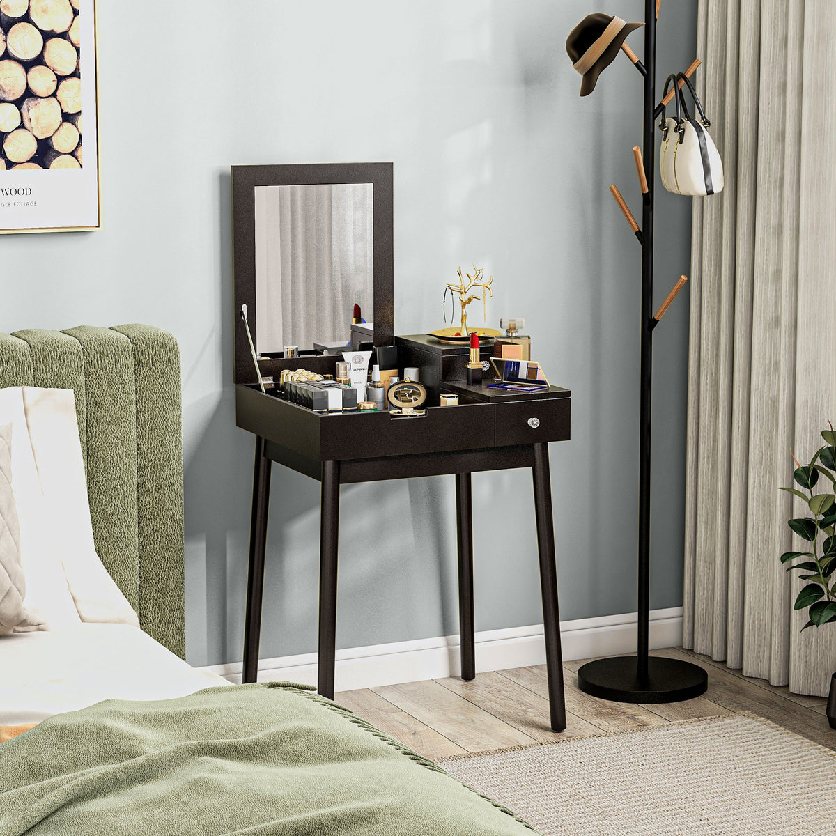 HOMCOM Dressing Table with Flip-up Mirror, Makeup Desk with 2 Drawers and Pine Wood Legs, Vanity Table Writing Desk for Bedroom Living Room, Black