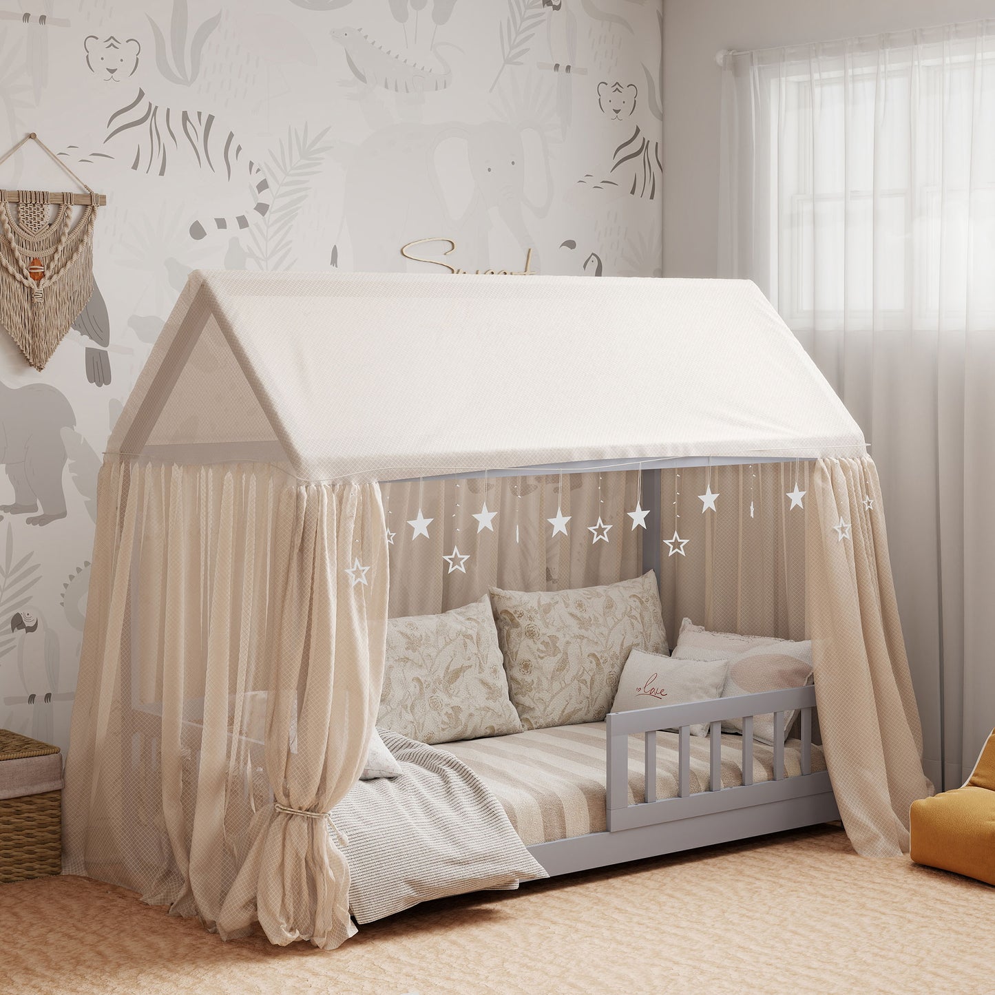 HOMCOM House-Shaped Kids Bed Frame with Guard Rails, Solid Pine Wood Single Bed Frame for Kids Boys and Girls, Grey