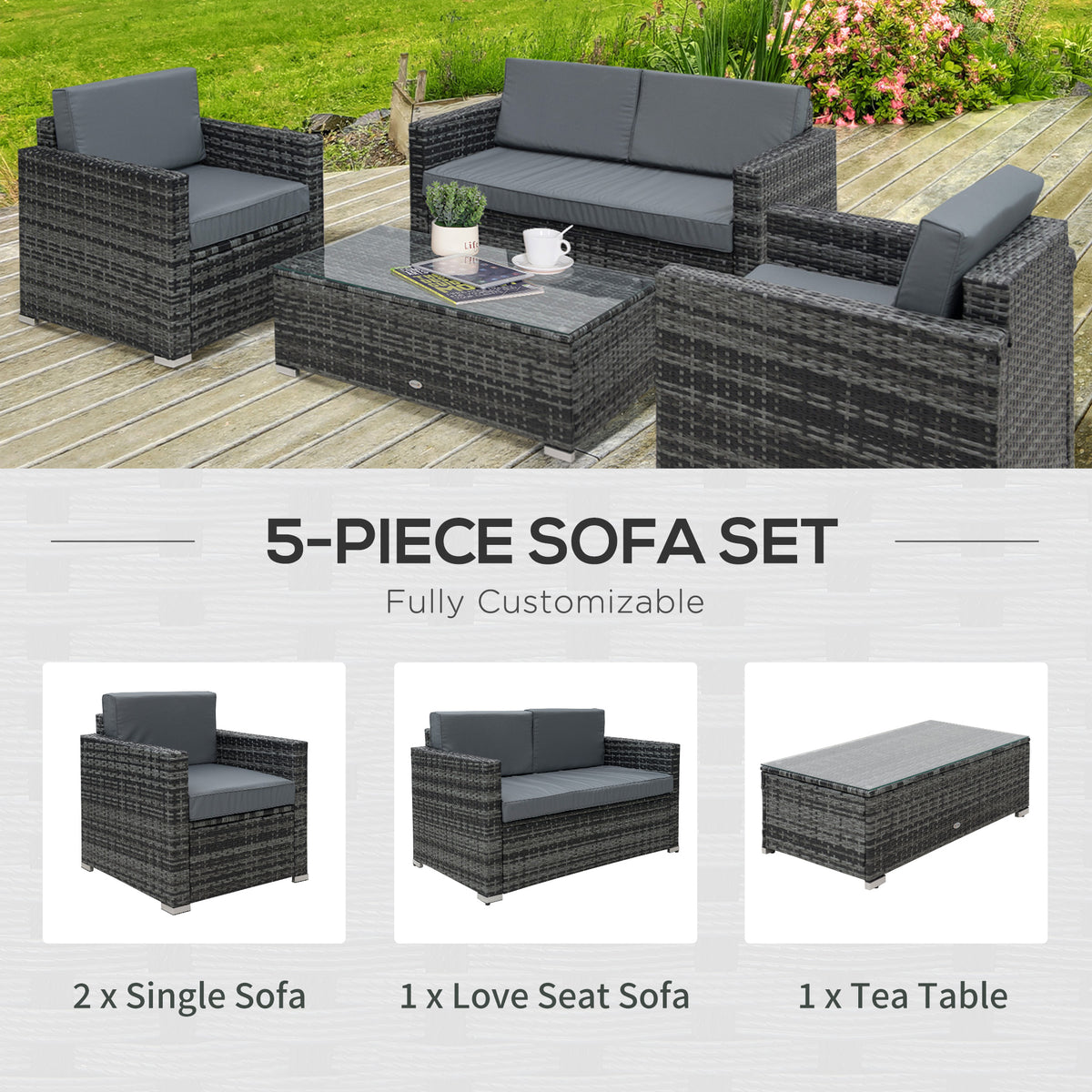 Gray wicker patio sofa set with cushioned loveseat, two armchairs, and glass-top table