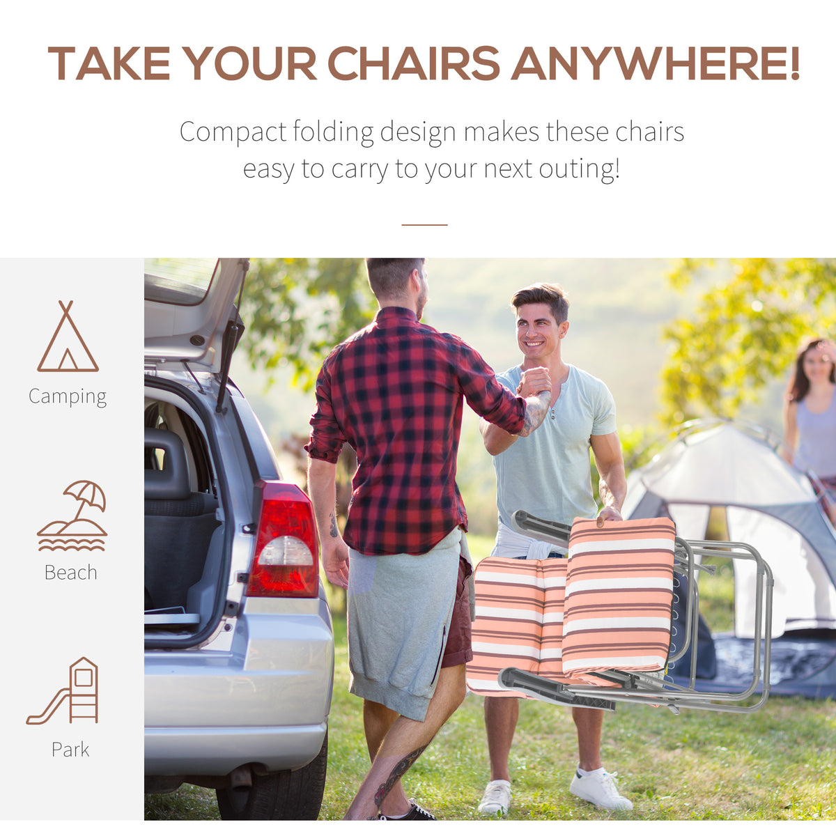 Folded striped garden chairs with compact steel frames for carrying