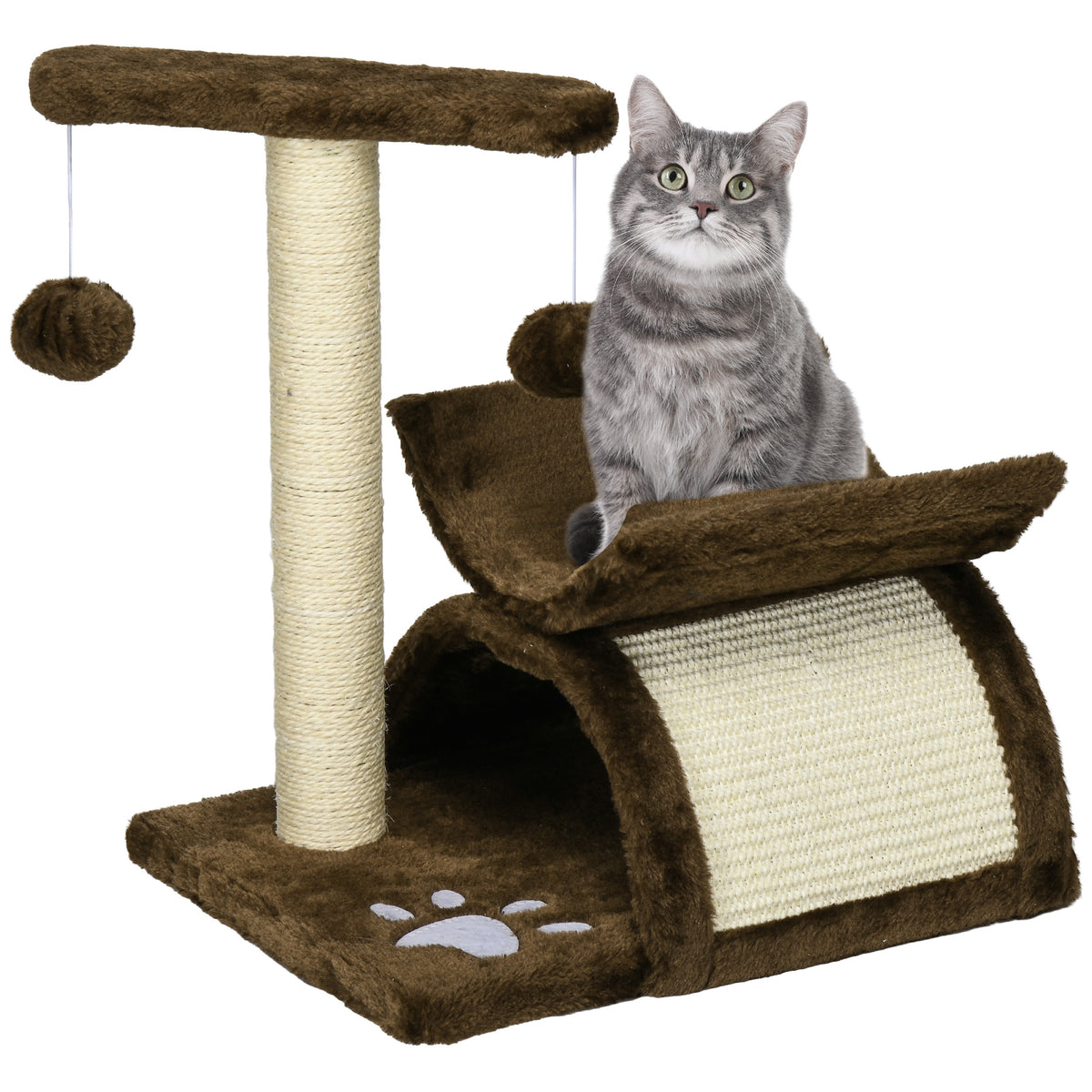 Brown cat tree with sisal scratching post, tunnel, raised perch, top bar, dangling balls, and a cat