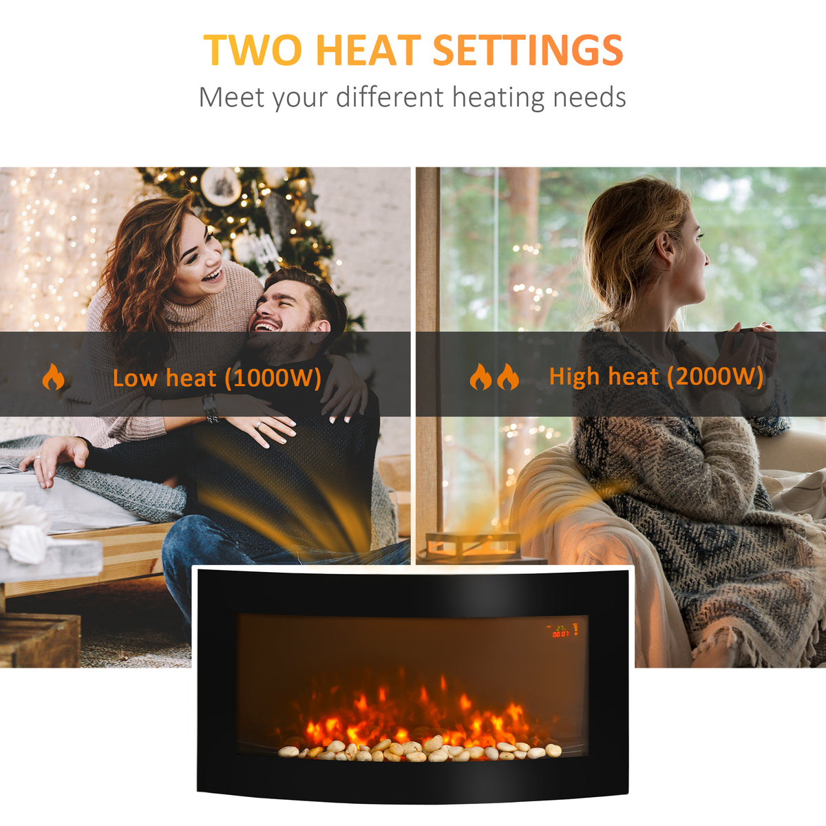 HOMCOM curved electric wall fireplace with glowing flame and decorative stone bed