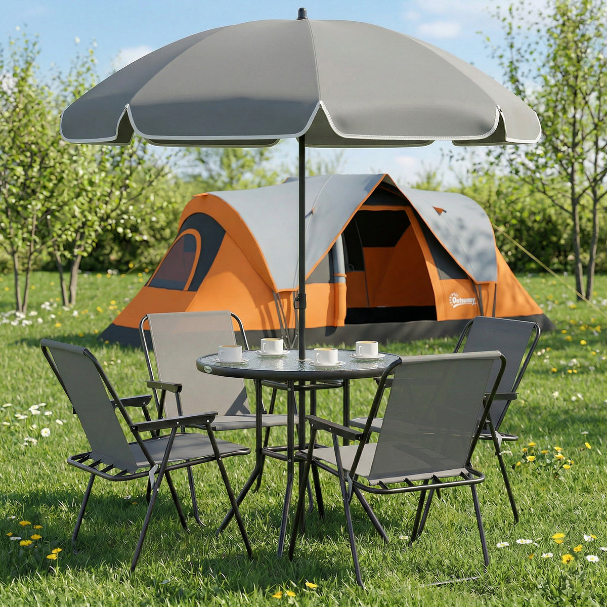 Outsunny 4 Seater Garden Furniture Set, 6 Pieces Garden Table and Chairs with Parasol, Outdoor Garden Dining Set with Folding Chairs and Round Glass Top Table for Patio, Grey