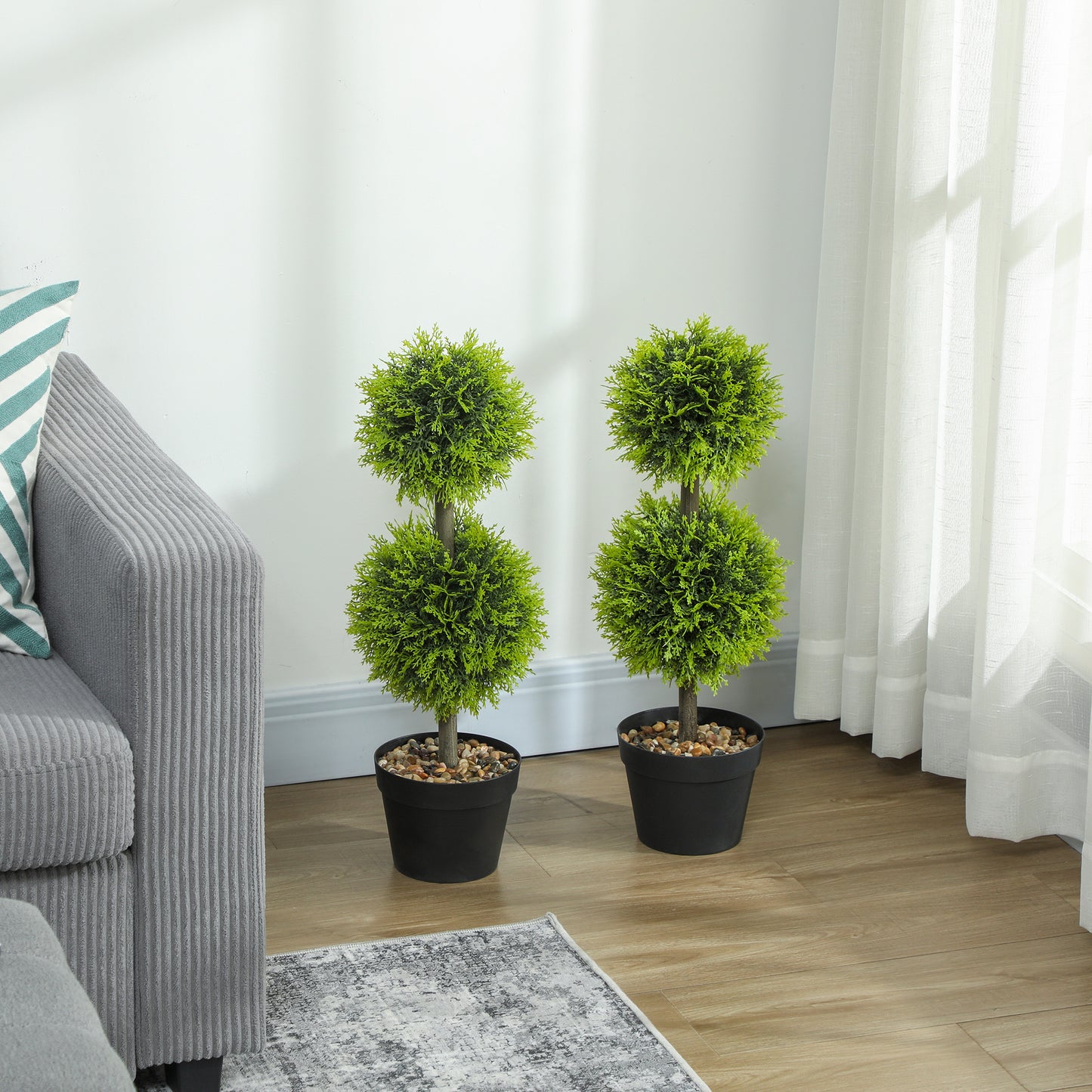 HOMCOM Set of 2 Decorative Artificial Trees, Topiary Ball-shaped Boxwood Trees in Pot with Cypress Leaves, Fake Plants for Home Indoor outdoor Decor, 60cm, 2 Tree Balls