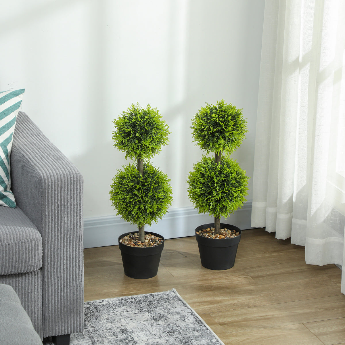 HOMCOM Set of 2 Decorative Artificial Trees, Topiary Ball-shaped Boxwood Trees in Pot with Cypress Leaves, Fake Plants for Home Indoor outdoor Decor, 60cm, 2 Tree Balls