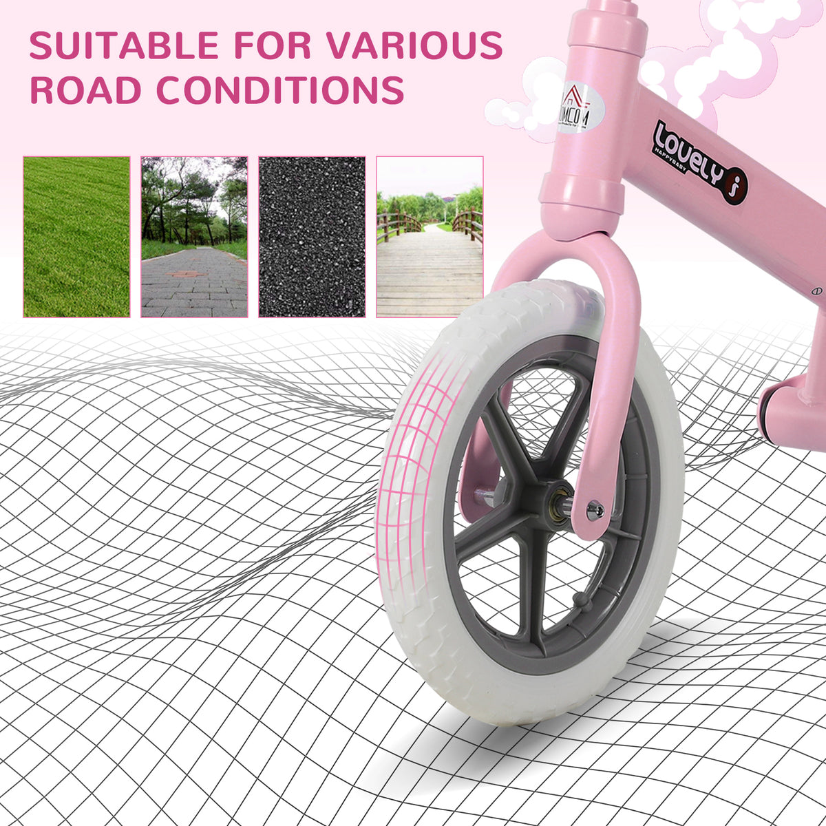 HOMCOM 12" Kids Balance Bike No Pedal Bicycle EVA Tyre Adjustable Seat Toddler Training Bike W/ Shock Absorber 2 - 5 Years Gift for Boys Girls Pink