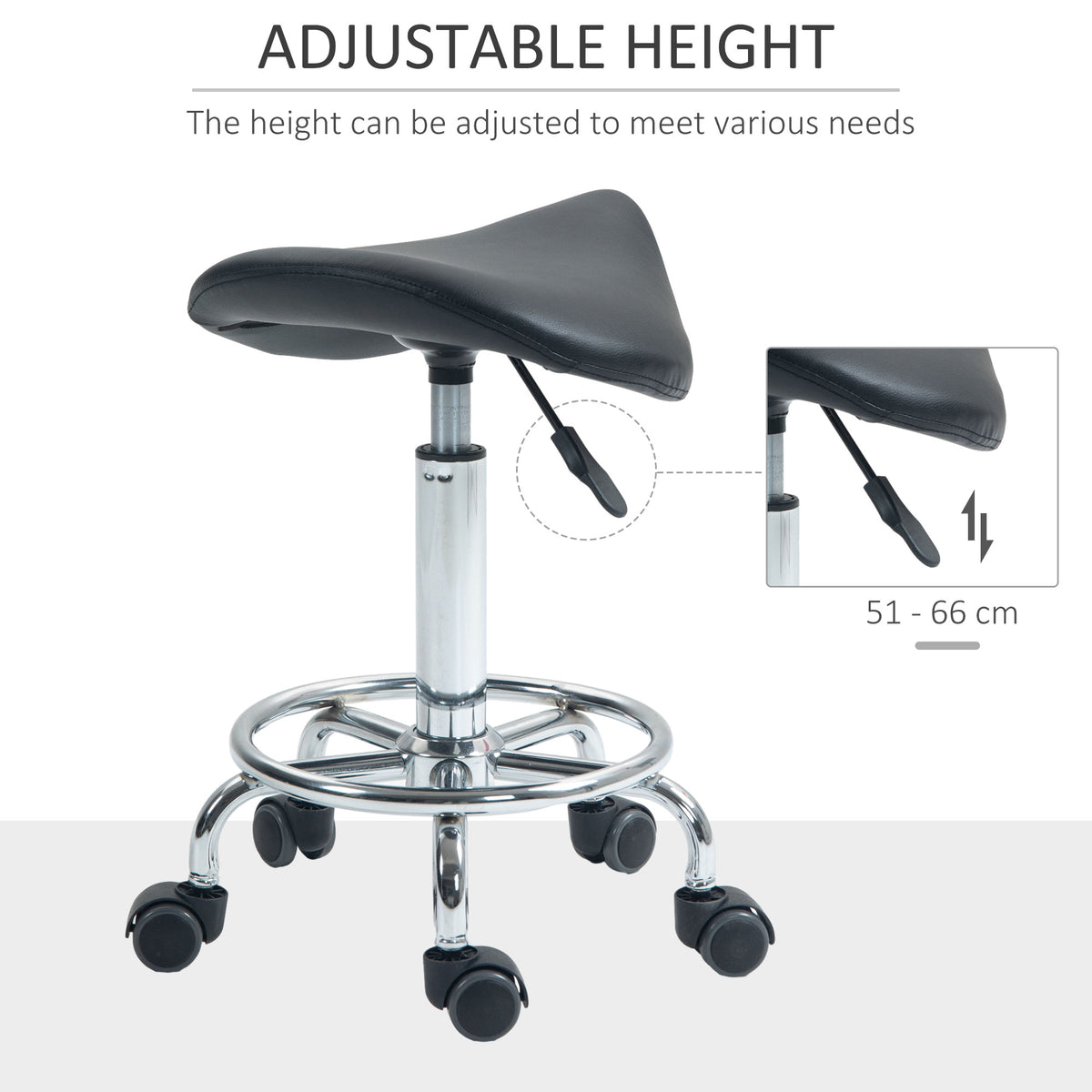 HOMCOM saddle stool with height-adjustment lever and seat adjustable from 51 to 66 cm