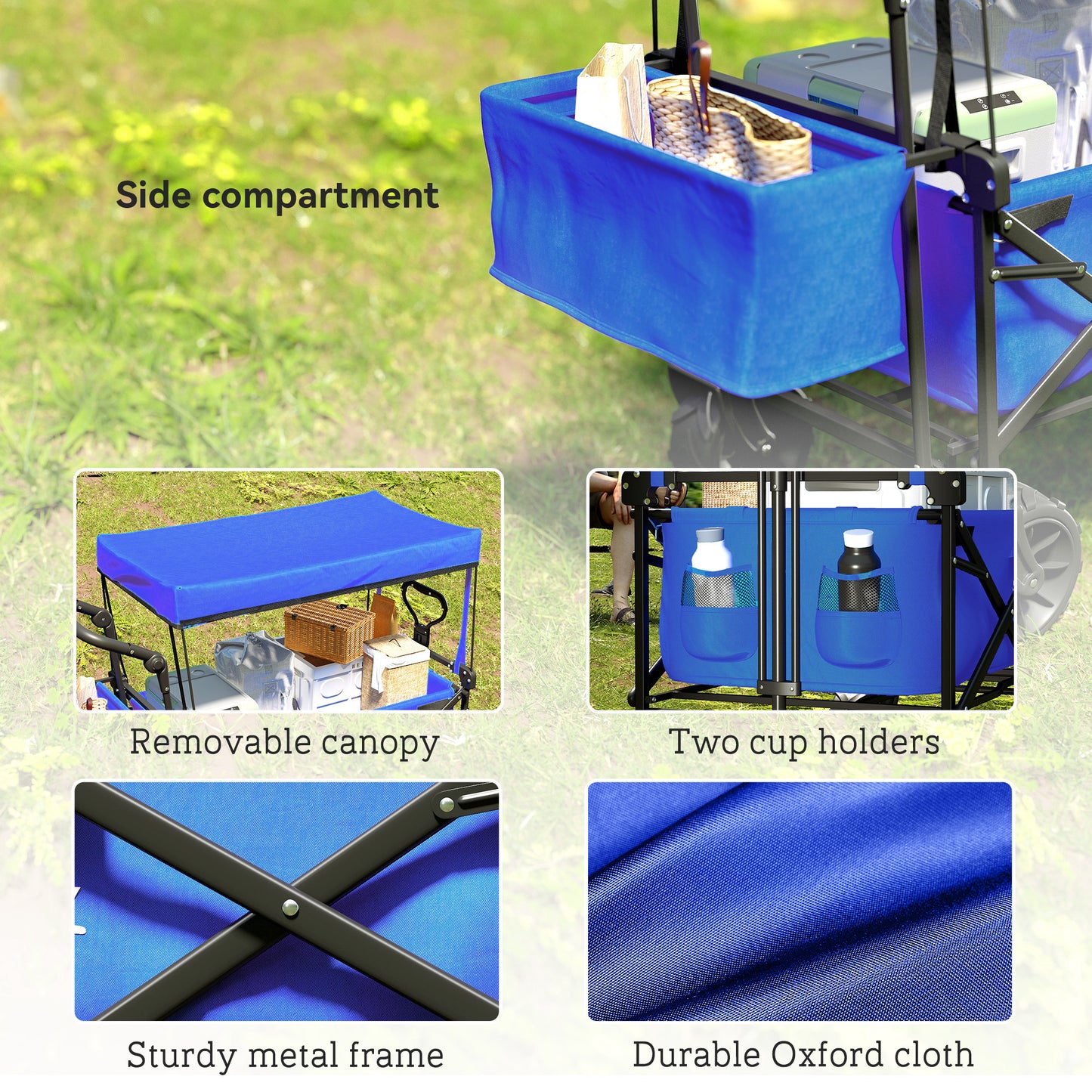 Outsunny 180L Festival Trolley on Wheels, Push & Pull Beach Cart with Removable Canopy, Wide All-Terrain Wheels, Folding Camping Trolley Cart, Adjustable Handle for Garden Fishing Shopping, Blue