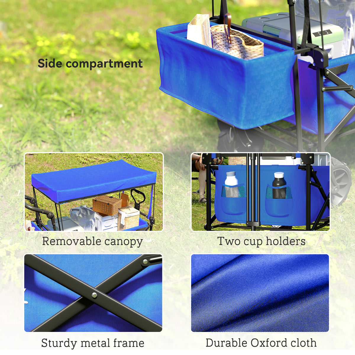 Outsunny 180L Festival Trolley on Wheels, Push & Pull Beach Cart with Removable Canopy, Wide All-Terrain Wheels, Folding Camping Trolley Cart, Adjustable Handle for Garden Fishing Shopping, Blue