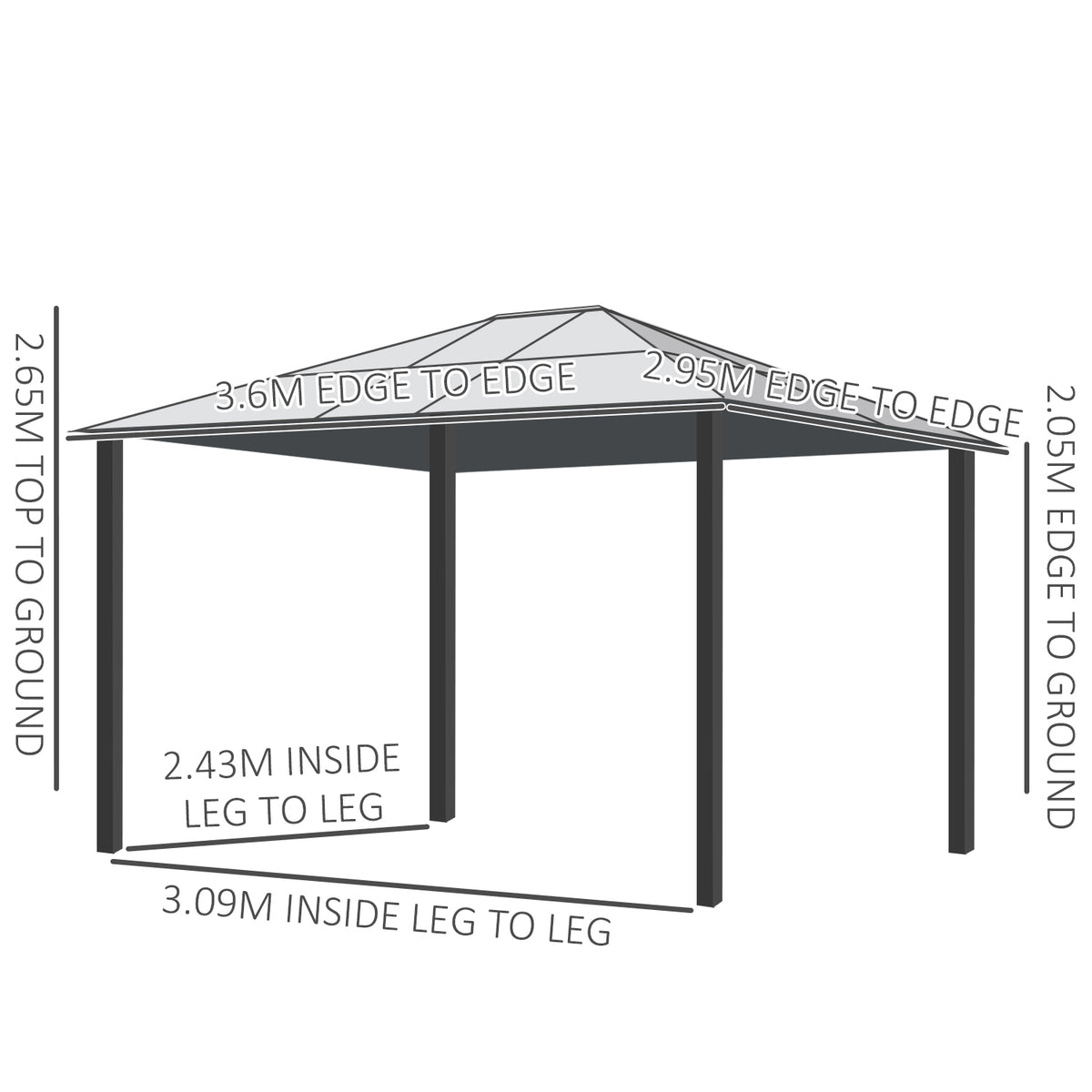Outsunny hardtop gazebo with dimension labels for roof, height, and interior leg spacing