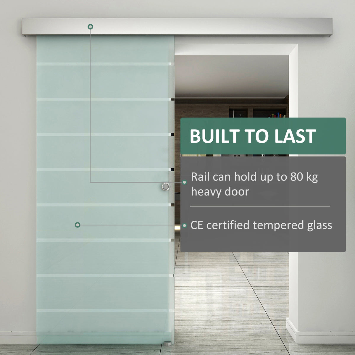 HOMCOM frosted glass sliding door with stripe pattern, shown partially open on its overhead rail