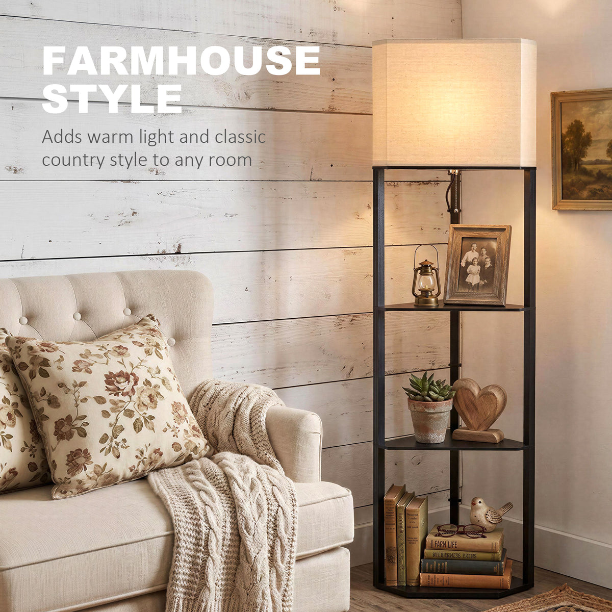 Black corner floor lamp with beige shade and shelves holding decor and books