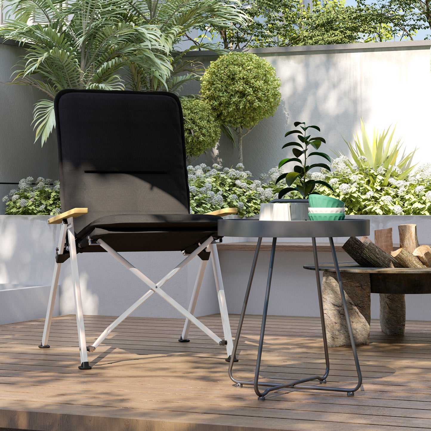 Black high-back folding camping chair with padded seat and wood armrests