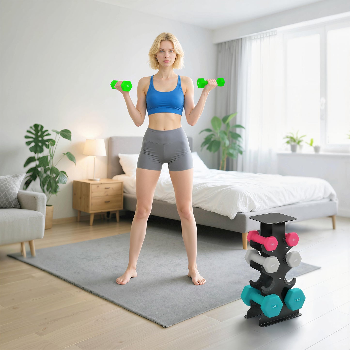 SPORTNOW Hex Dumbbells Set with Dumbbell Rack, Hand Weights for Home Gym Strength Training, 2 x 1kg, 2 x 2kg, 2 x 3kg, 2 x 4kg