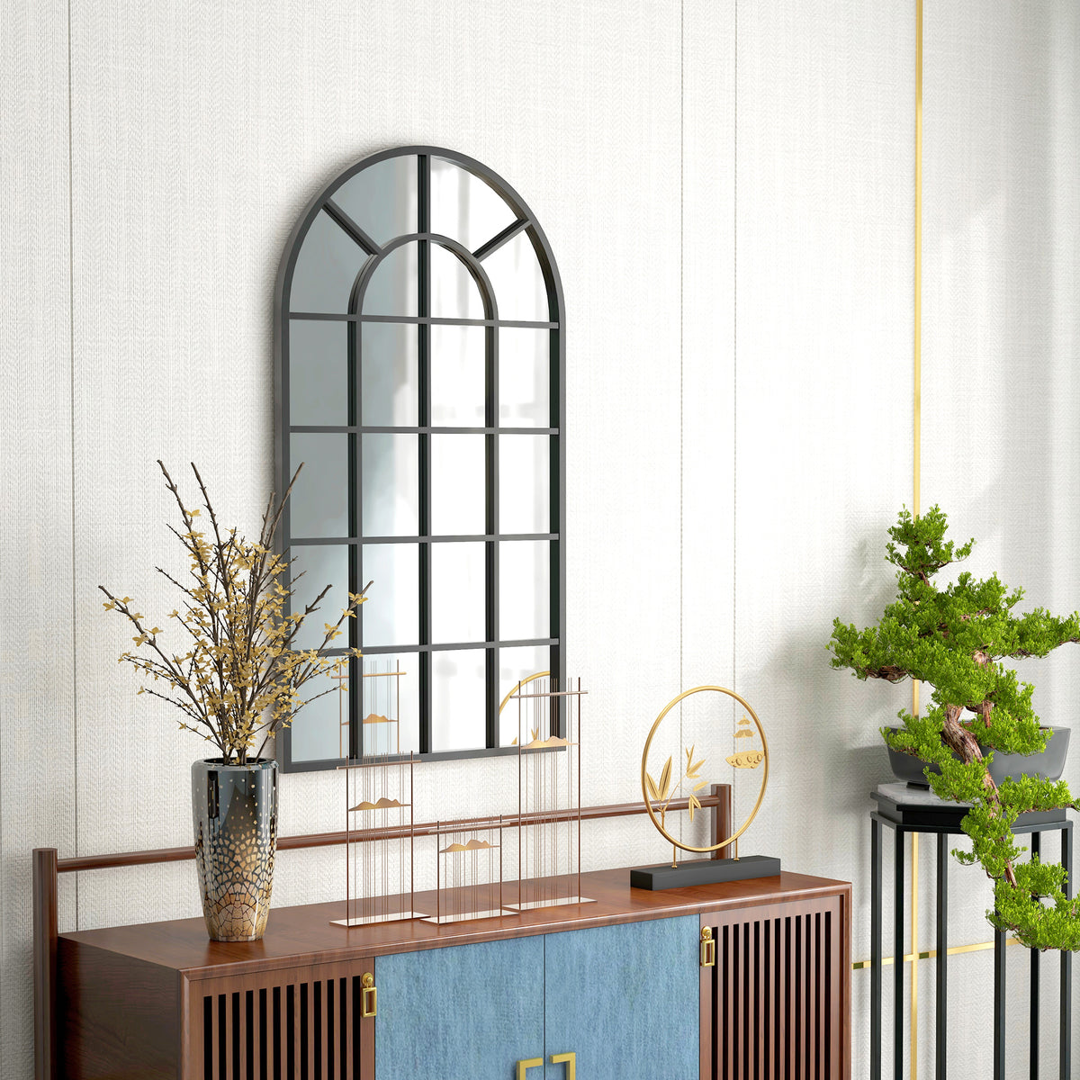 HOMCOM 110 x 65 cm Arched Decorative Wall Mirror for Bedroom Living Room, Modern Window Bathroom Mirror for Home Decor