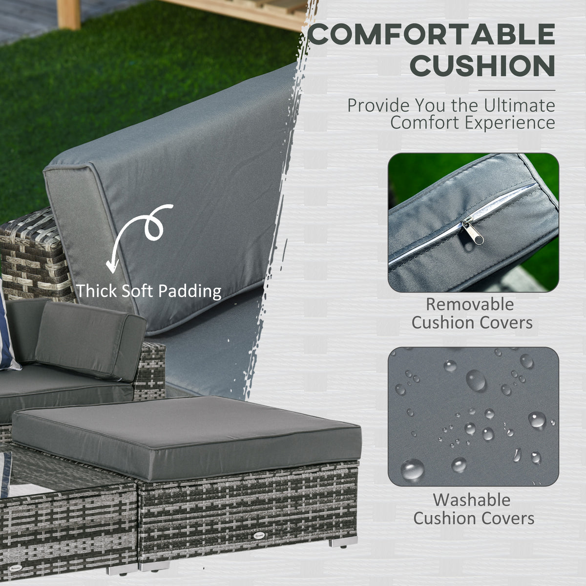 Gray patio sofa cushions with thick padding, removable covers, and a visible zipper